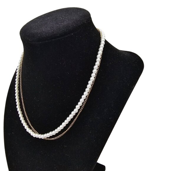 Double-Strand Pearl Chain Collar Necklace & Dainty Gold Chain 15"+3" - Picture 2 of 5